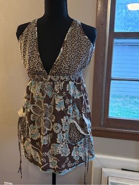 2000s Y2K Brown Floral Halter Tunic with Blue Accents